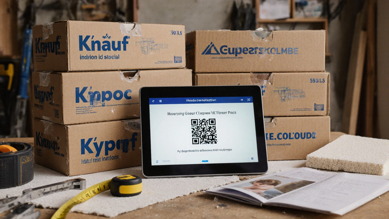 Materialkisten mit Markennamen und ein Tablet mit AR-Anleitung für Trockenbau in einer Werkstatt.