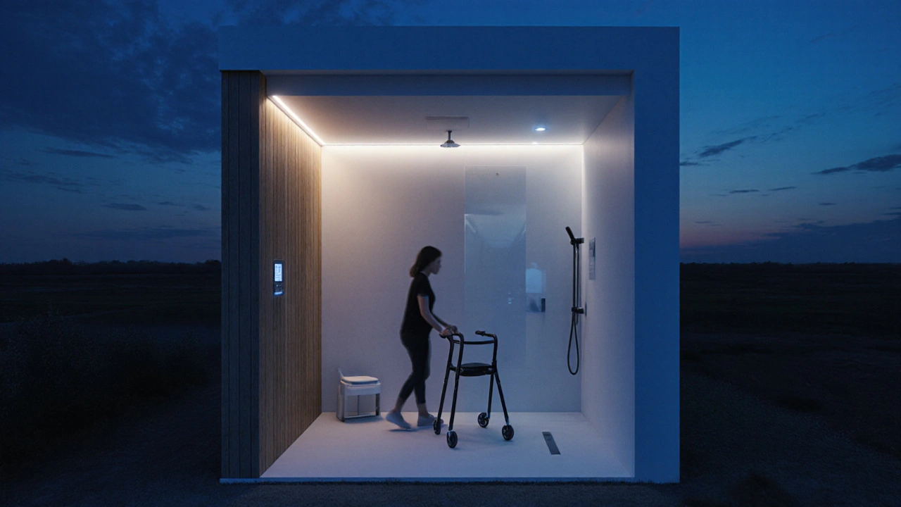 Moderne barrierefreie Dusche mit Klappsitz, Smart-Licht und Rollator in der Nähe.