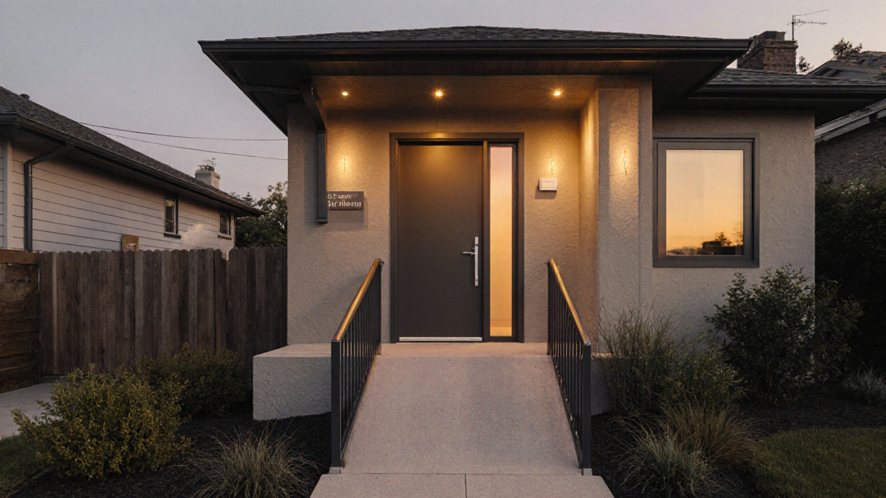 Modernes Einfamilienhaus mit stufenloser Zufahrt und breiter Eingangstür in einer ruhigen Wohnstraße.