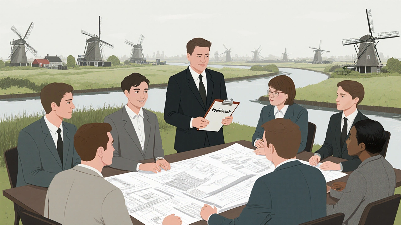 Niederländische Gemeindeversammlung mit Architekten und Anwohnern, die Pläne um einen Kanal herum besprechen.