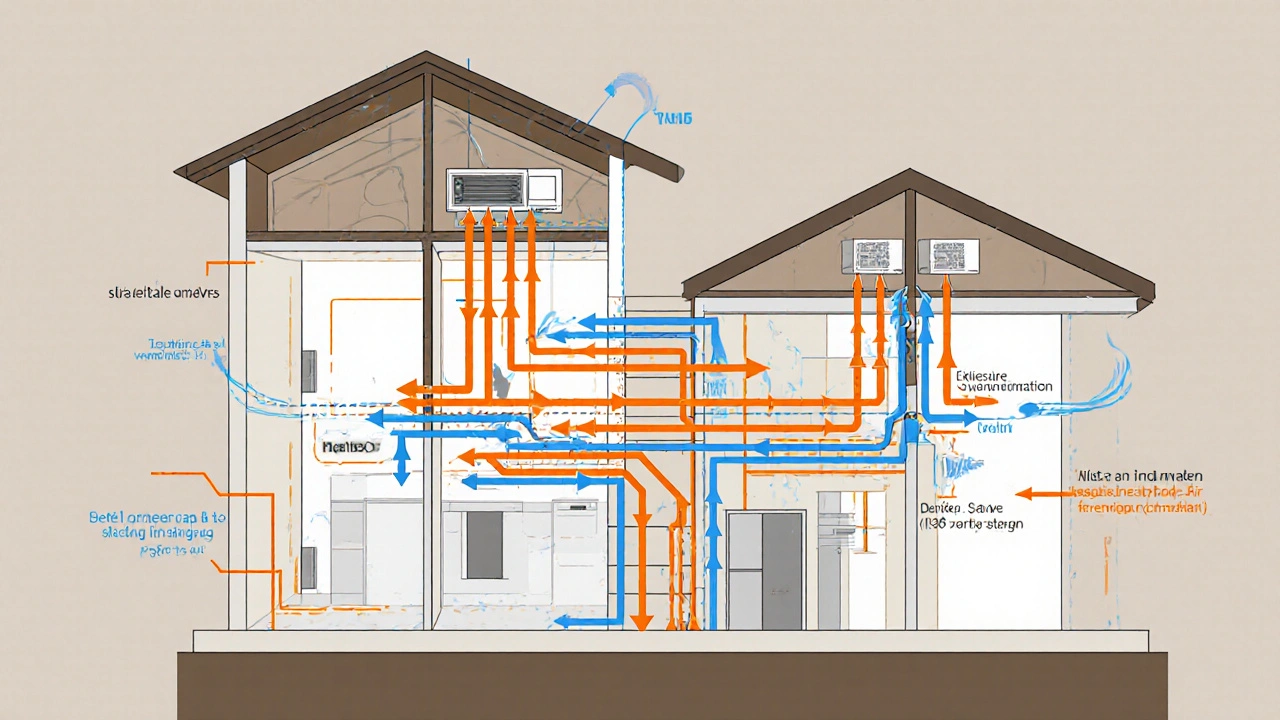 Querschnitt eines Altbauhauses mit zentraler und dezentraler Lüftung, die Wärme zurückgewinnen und Luftströme steuern.