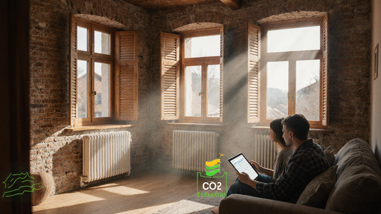 Renovierte Wohnstube mit Energieausweis und Sonnenlicht, familiärer Moment.