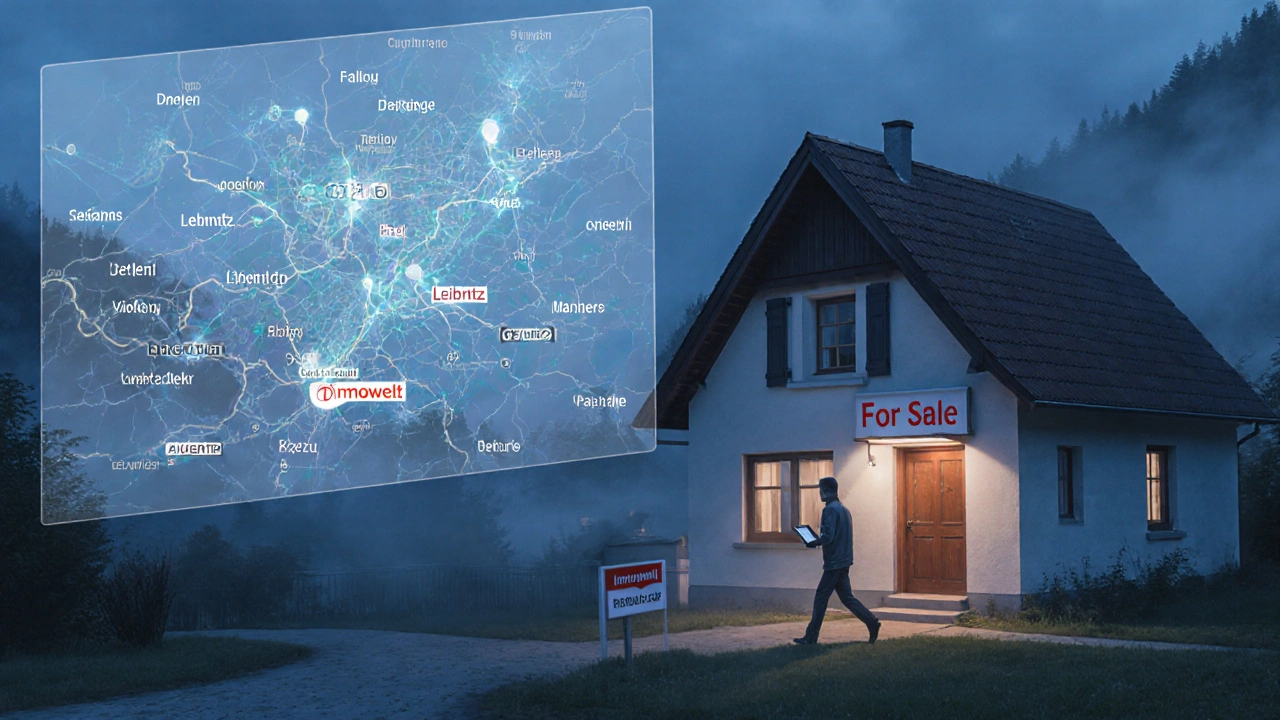 Ruhiges Haus in einer österreichischen Kleinstadt mit digitalen regionalen Filtern, die es umgeben.