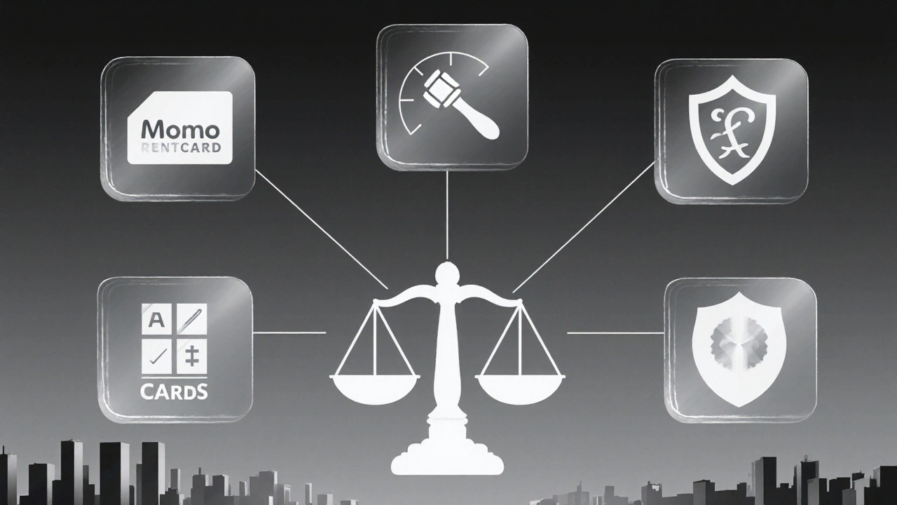 Six rental assessment tools represented as floating icons with distinct symbols.