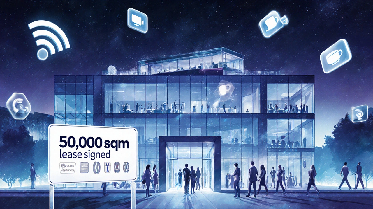 Sleek corporate headquarters with rooftop terraces and digital work icons floating around it.