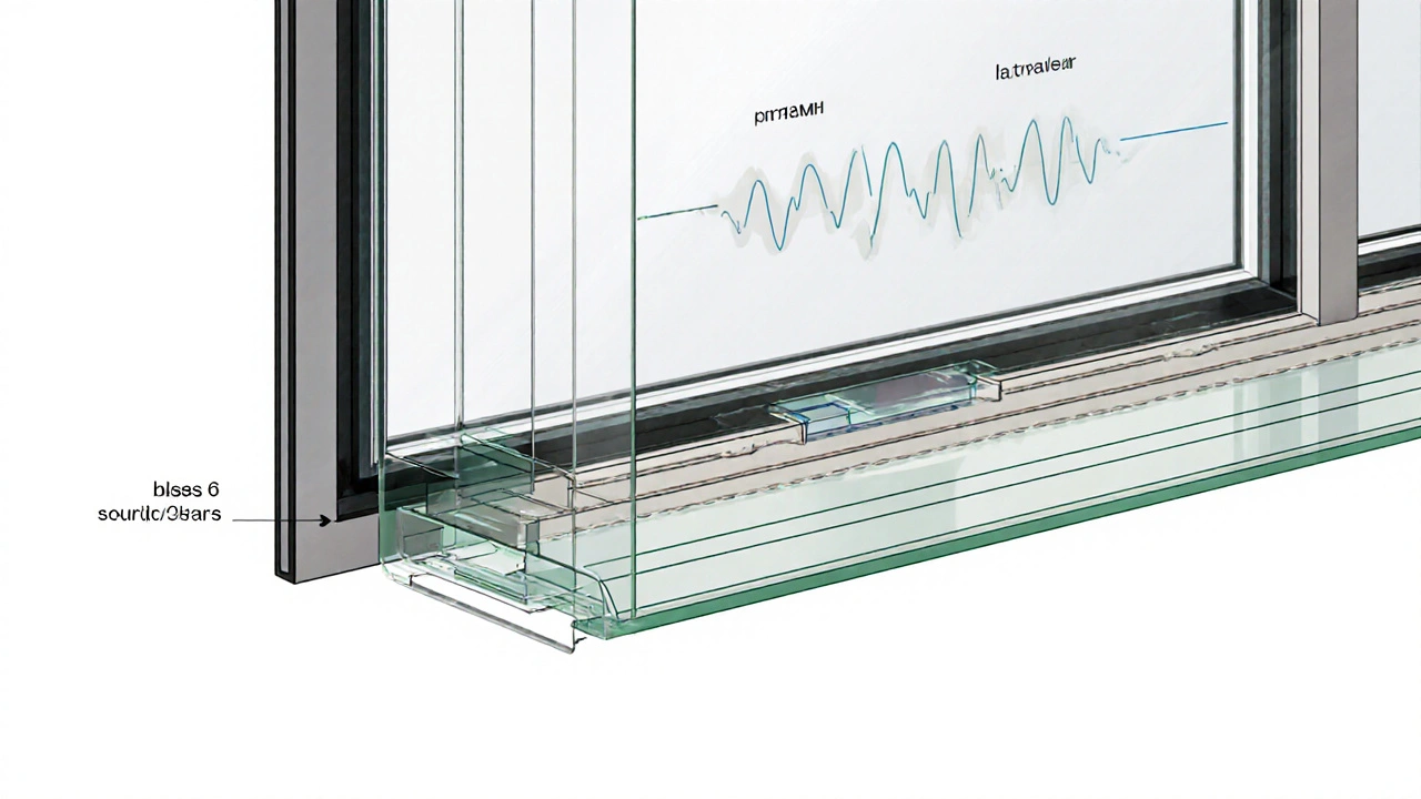 Technische Schnittansicht eines Schallschutzfensters mit mehrschichtigem Glas und akustischen Dichtungen.