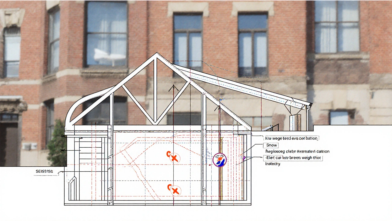 Technische Zeichnung zeigt Lastpfade eines Dachausbaus von Sparren bis zum Fundament.