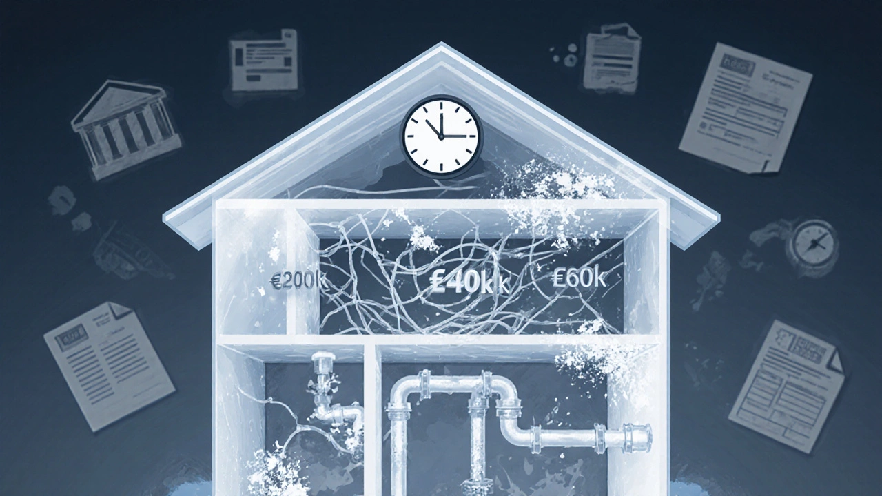 Transparenzansicht eines Hauses mit versteckten Schäden wie Schimmel, Asbest und Wasserlecks, Kostensteigerungen als Zahlen über dem Dach.