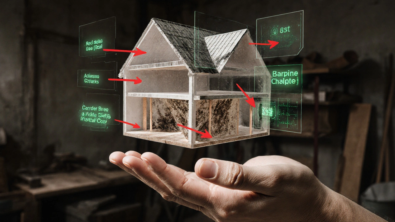 Überlagerung einer 3D-Hausmodell mit verborgenen Baufehlern und KI-Empfehlungen.