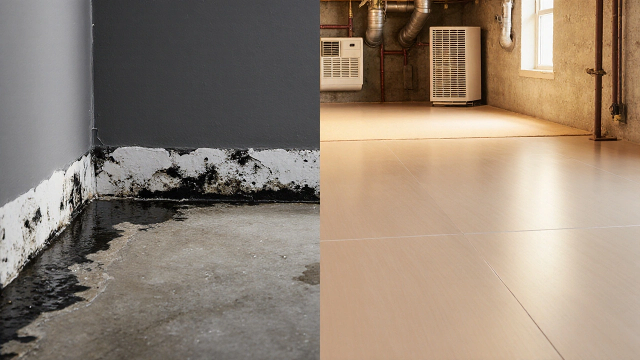 Vergleich: beschädigter PVC-Boden links, SPC-Vinyl-Boden rechts in einem trockenen Keller.