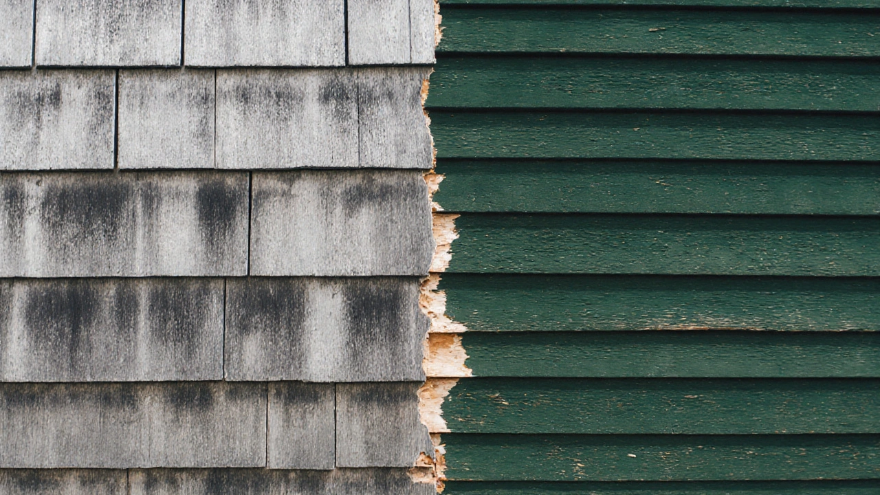 Vergleich einer vergrauten und neu gestrichenen Holzfassade mit beschädigtem Altanstrich.