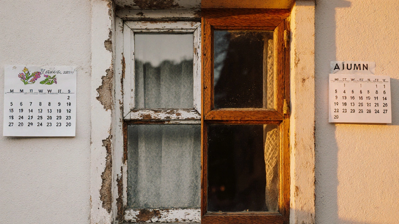 Vergleich eines vernachlässigten und eines gepflegten Holzfensters, geteilt in zwei Hälften, mit Kalender im Hintergrund, goldenes Abendlicht.