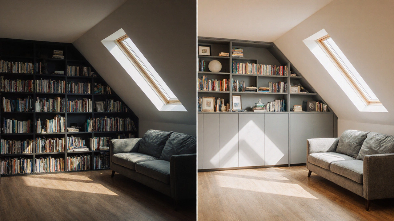 Vergleich: Überfülltes Wohnzimmer vs. lichtdurchfluteter Raum mit cleverem Stauraum.