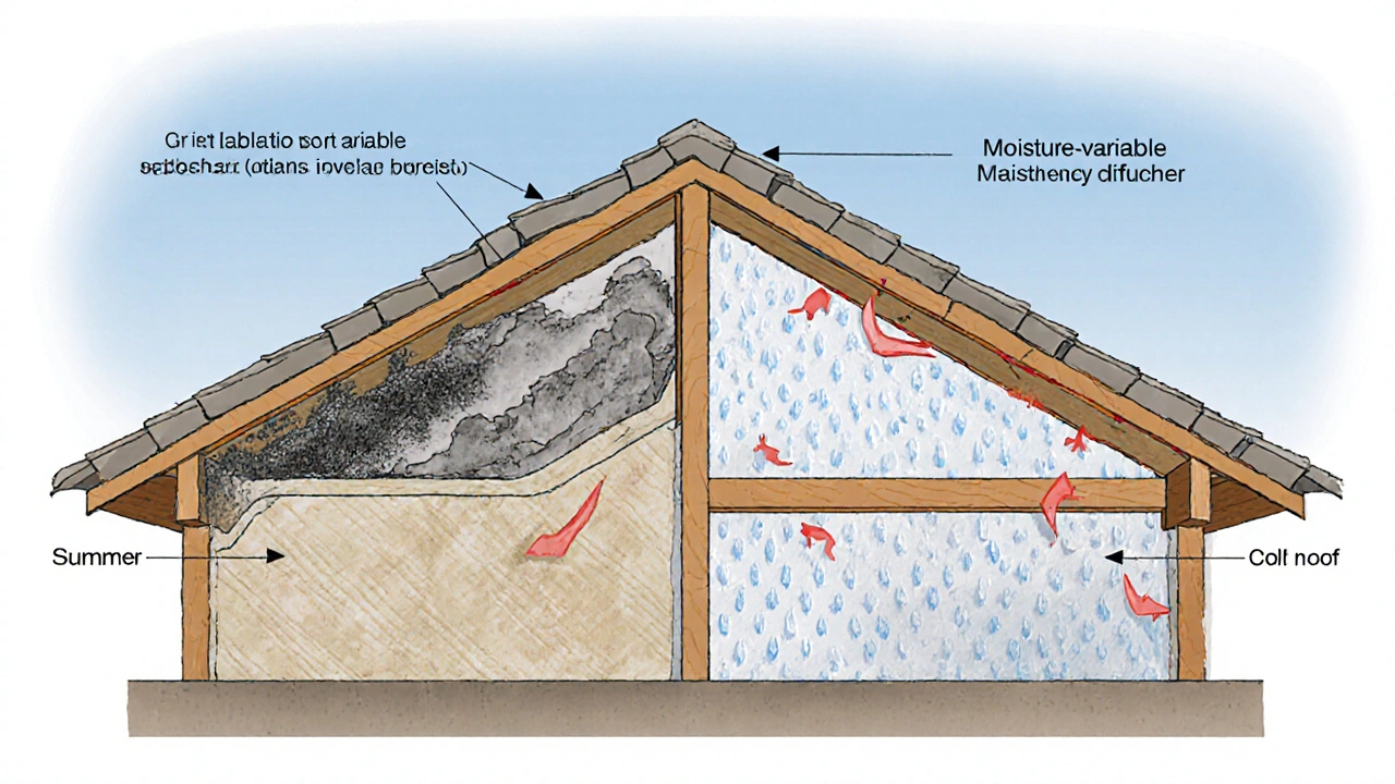 Vergleich von fehlerhafter Dampfsperre mit Schimmel und intelligenter dampfbremse mit kontrollierter Feuchtigkeitsregulierung.