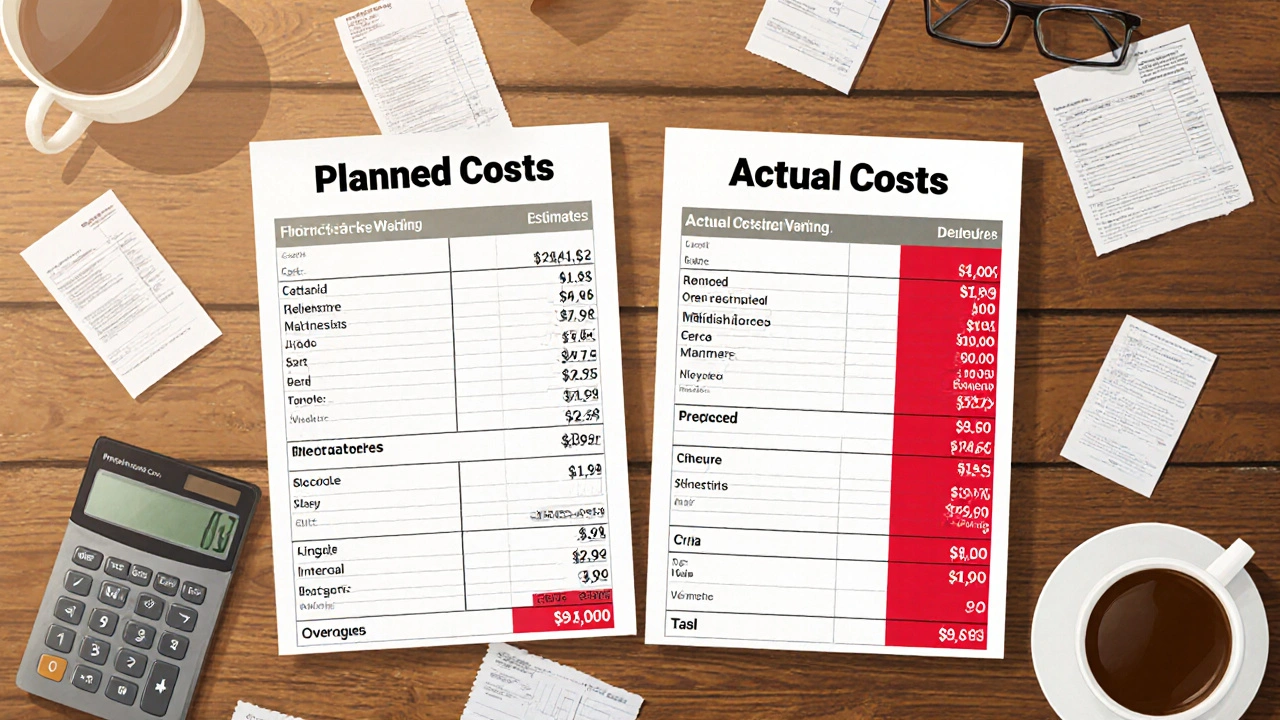 Vergleich von geplanten und tatsächlichen Kosten auf einer Werkbank mit Quittungen.