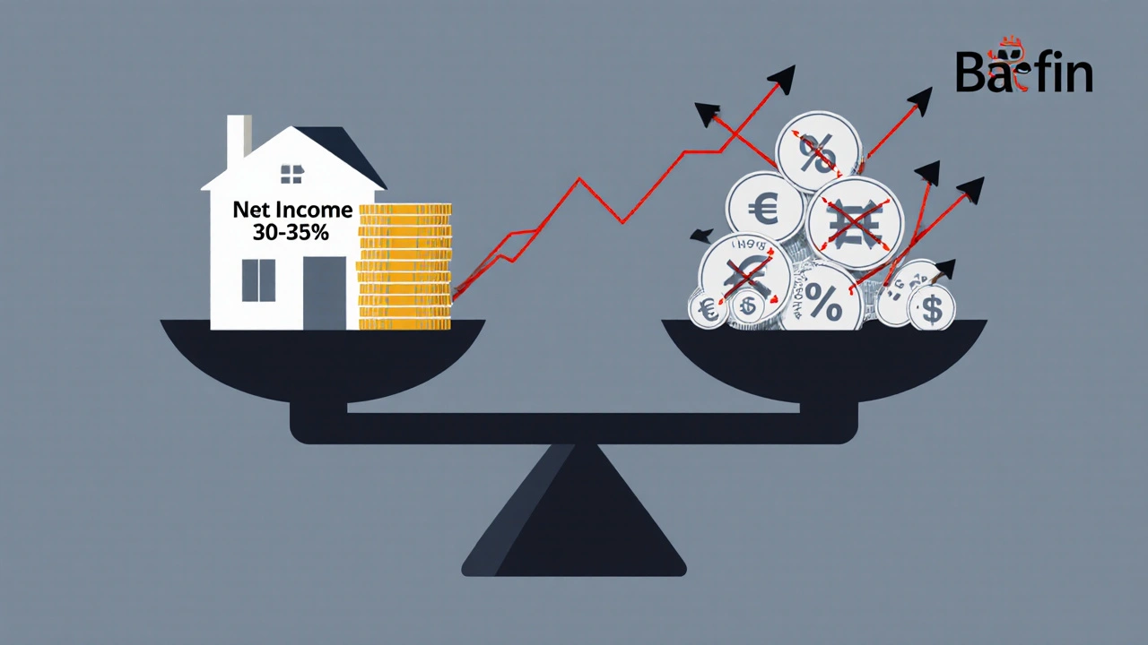 Waage mit Einkommen und versteckten Kosten, warnt vor Überforderung durch Zinsen.