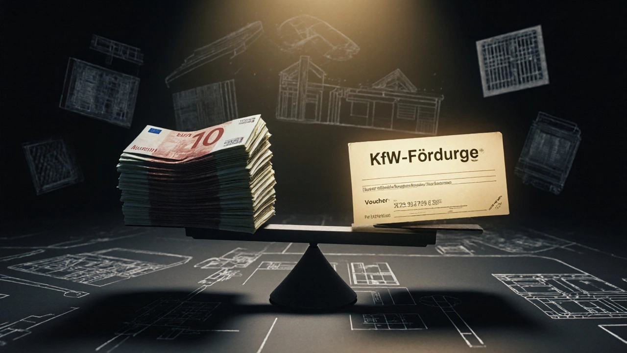 Waage mit Nebenkosten und Fördergeldern, die Nebenkosten wiegen deutlich schwerer.