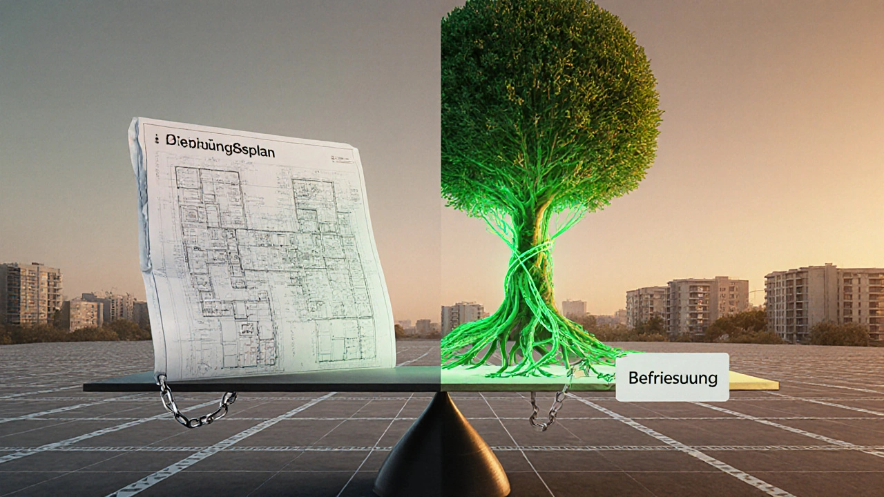 Waage mit starrem Bebauungsplan und flexibler, wachsender Befreiung — Metapher für rechtliche Anpassung im Städtebau.