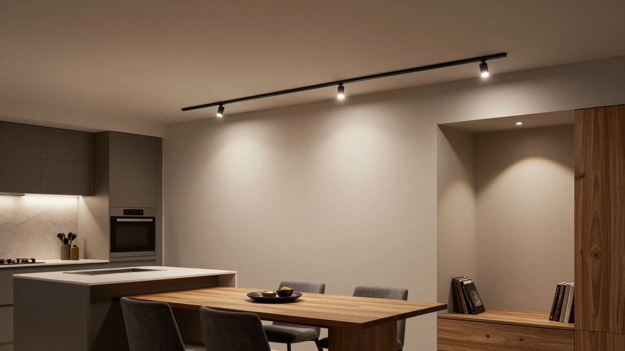 3-Phasen-Stromschiene beleuchtet drei Bereiche eines offenen Wohn- und Küchenraums.