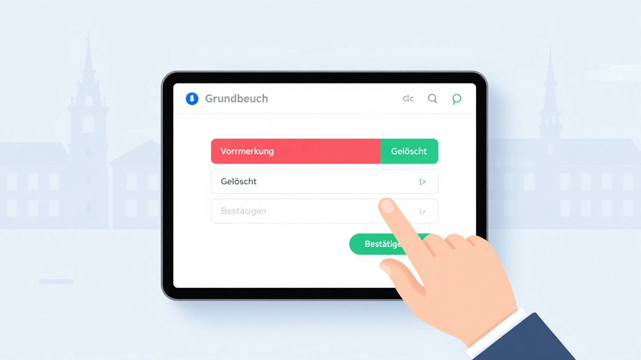 Digitales Grundbuchportal zeigt den Status &#039;Vormerkung gelöscht&#039; auf einem Tablet.