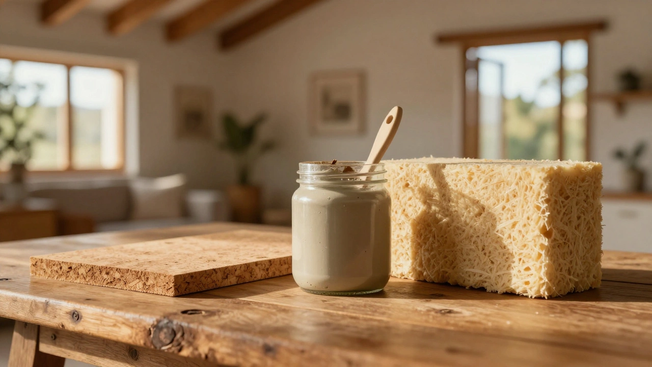 Drei nachhaltige Baustoffe: Kork, Lehmfarbe und Hanfdämmung auf holzerner Oberfläche.