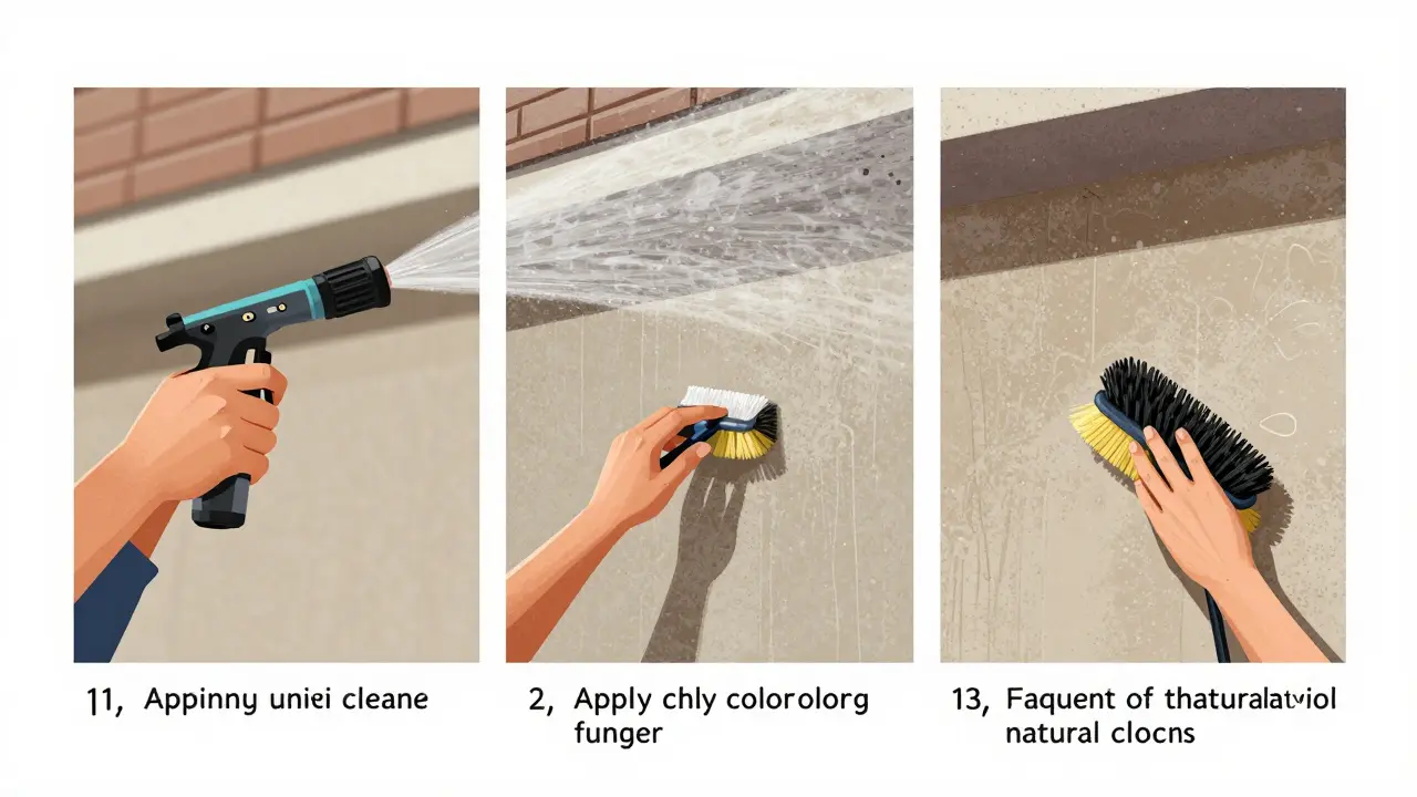 Drei Schritte zur schonenden Fassadenreinigung: Wasserspülung, Auftrag eines Fungizids und sanftes Bürsten.