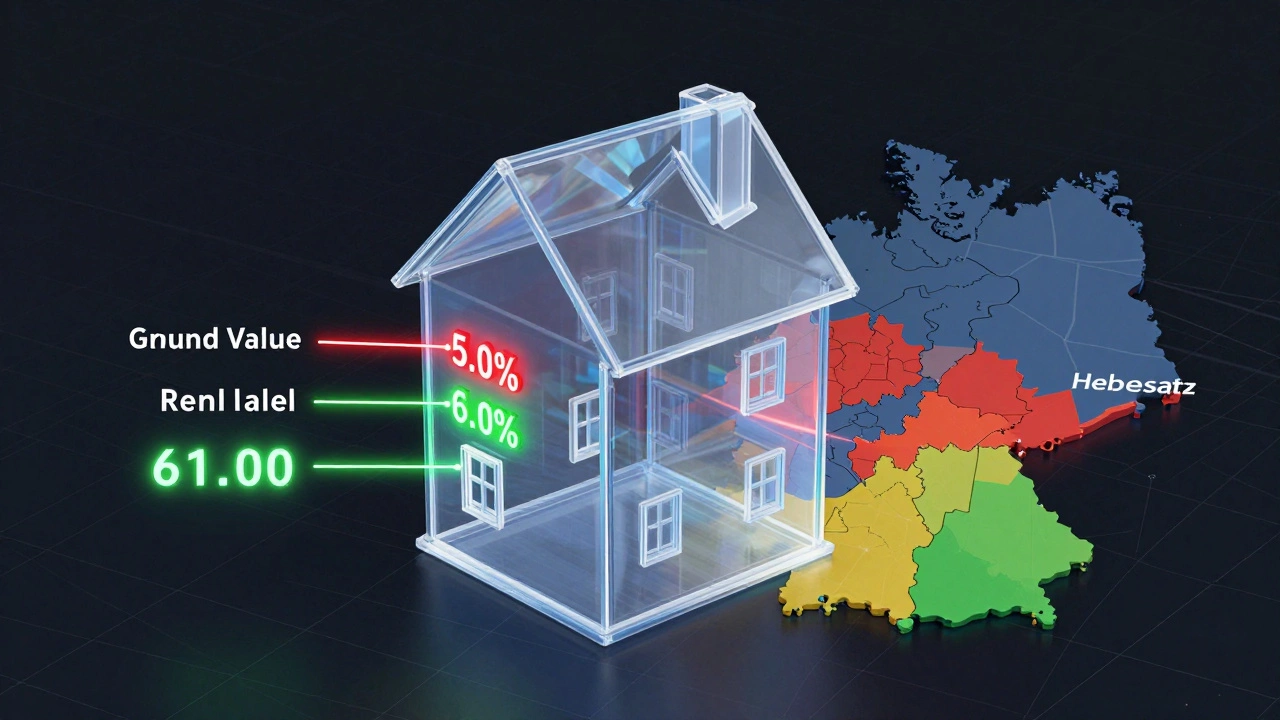 Durchsichtiges Hausmodell mit berechneten Steuerfaktoren auf einem deutschen Kartenhintergrund.