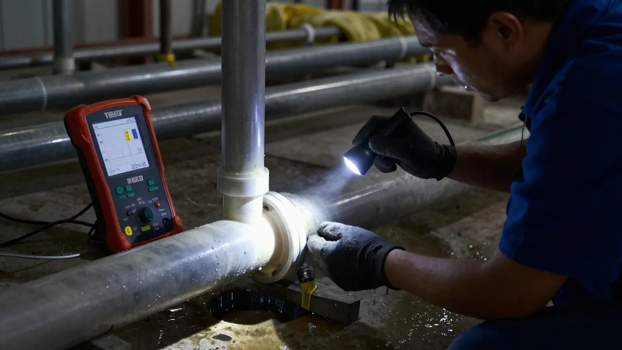 Ein Techniker sucht mit einer Taschenlampe nach winzigen Wassertröpfchen an einer Kunststoffrohrverbindung während einer Druckprüfung.