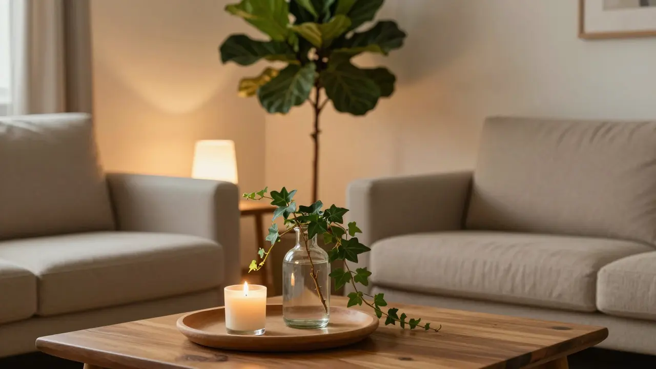 Eine geschichtete Wohnzimmereinrichtung mit niedriger Schale, mittlerer Vase und hoher Pflanze in natürlichen Materialien.