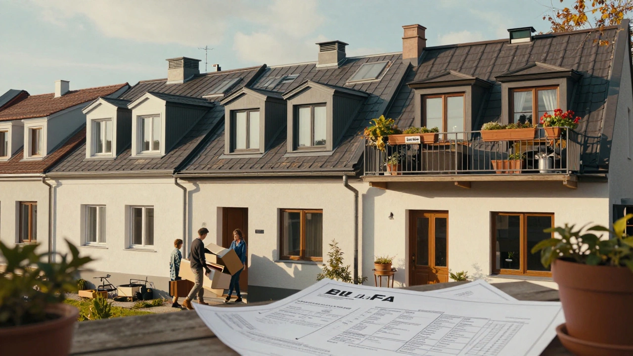Familie zieht in ein ausgebautes Dachgeschoss ein, moderne Dachfenster und kleine Mietwohnungsschilder.