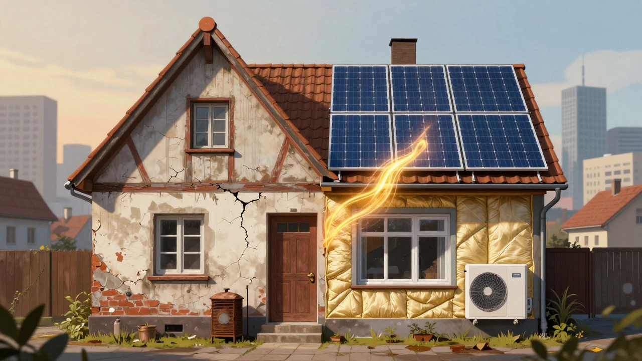 Gespaltenes Bild: altes Haus mit Ölheizung links, klimaneutrales Haus mit Solaranlage rechts.