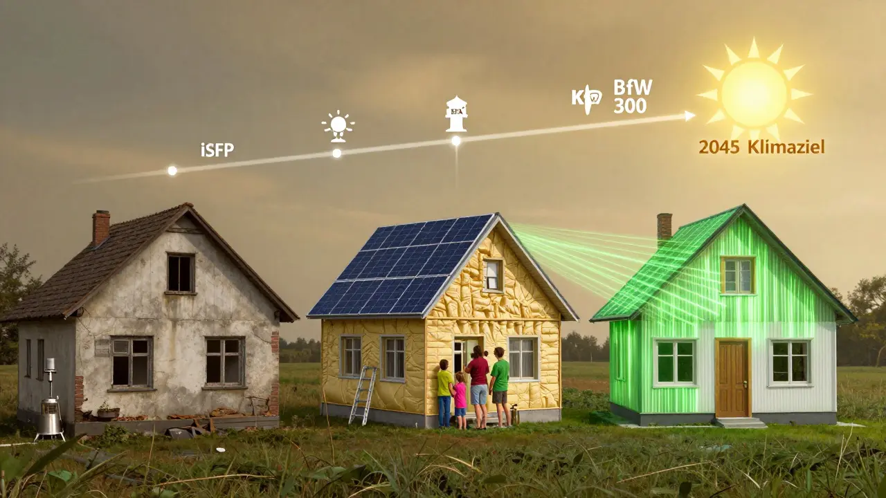 Haus im Wandel: von alt und ineffizient zu energieeffizient mit KfW- und BAFA-Symbolen.