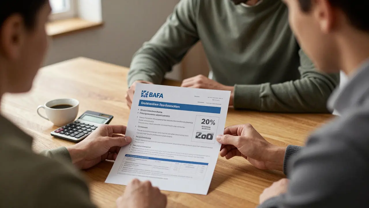 Hausbesitzer und Energieberater besprechen BAFA-Antrag mit Sanierungsfahrplan und Rechnungen am Tisch.