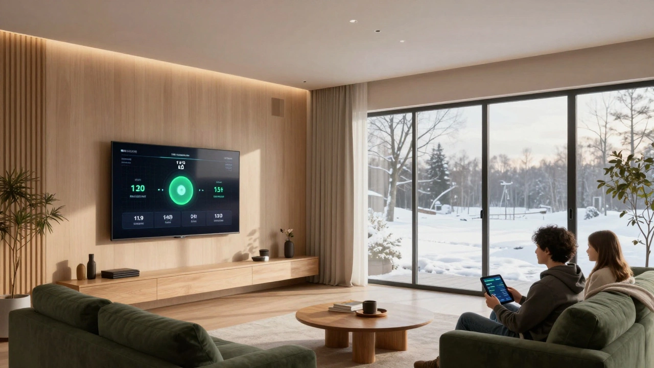 Innenaufnahme eines intelligenten Wohnraums mit Energie-Dashboard und natürlicher Beleuchtung.