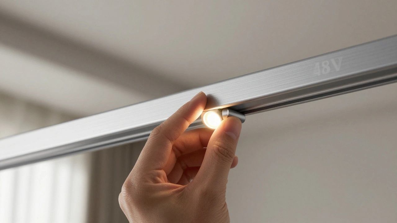 Magnetischer LED-Spot wird ohne Werkzeug an eine dünne Niedervolt-Schiene angebracht.