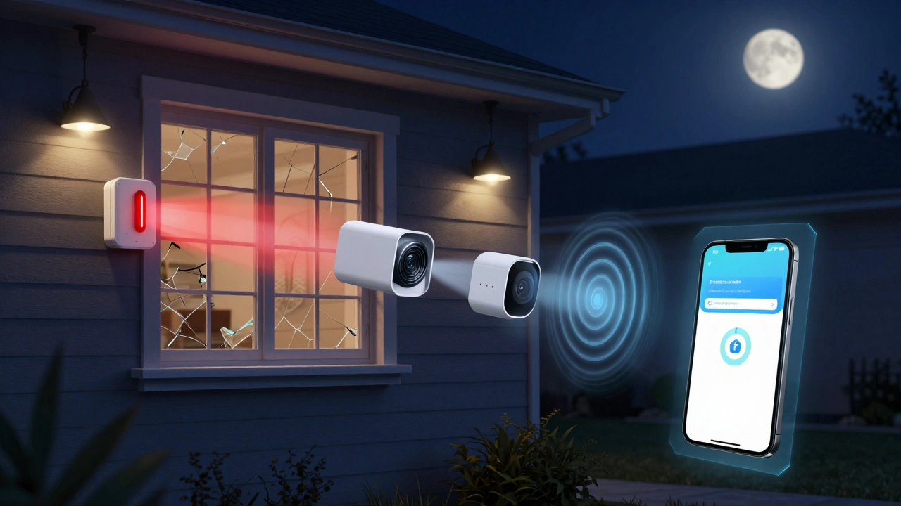 Nachts aktiviertes Smart Home: Lichter, Kamera und Sirene reagieren auf Einbruchversuch.