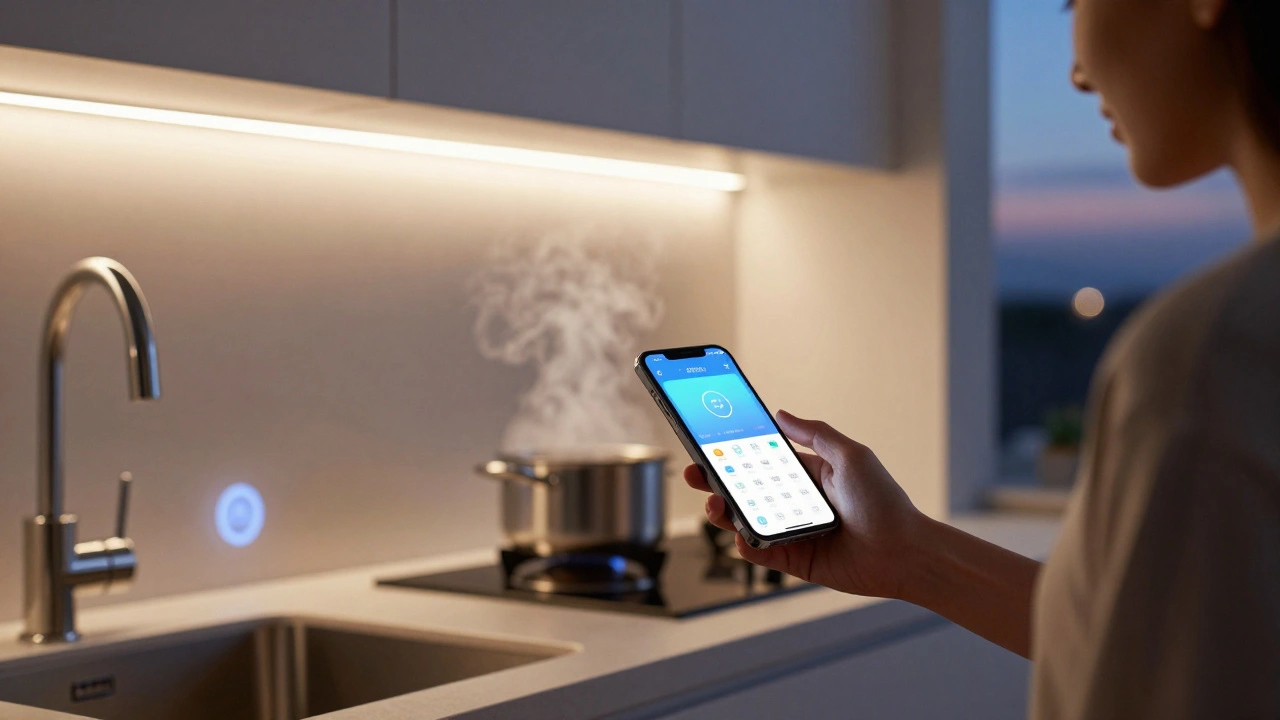 Person steuert intelligente Küchenbeleuchtung mit Smartphone, warmes und neutrales Licht wechselt sanft.