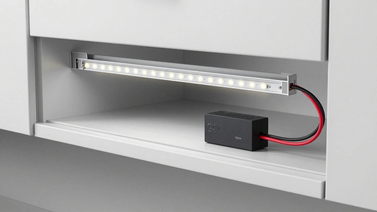 Querschnitt einer LED-Beleuchtung mit Kabelanschluss und Netzteil, präzise montiert unter einem Schrank.