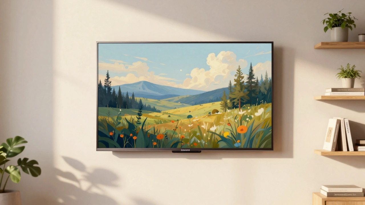 Samsung The Frame Fernseher als Kunstwerk an der Wand, zeigt ein Landschaftsgemälde, wenn er ausgeschaltet ist.