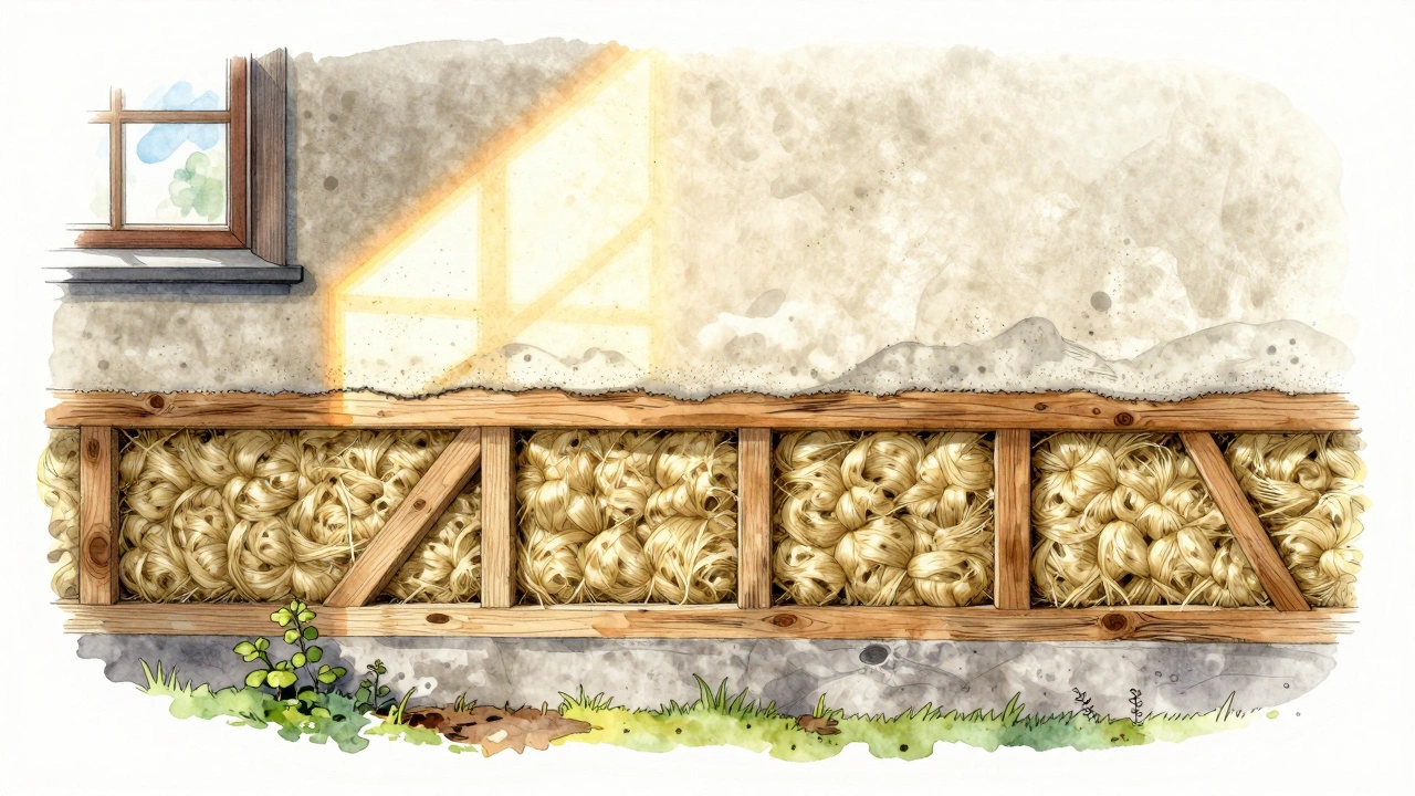 Schnitt durch eine Wand mit Hanfdämmung und Kalkputz, symbolisierend gesunde Raumluft.