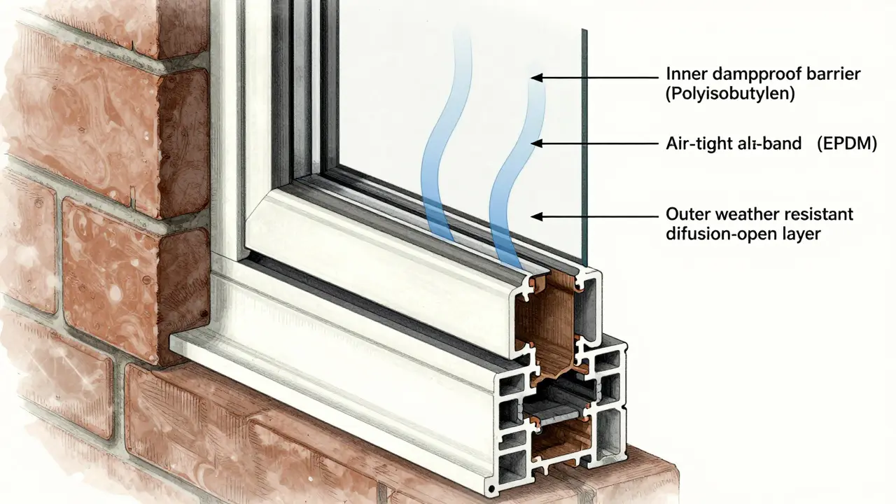 Schnittansicht eines Fensters mit den drei korrekten Abdichtungsebenen in Wand und Rahmen, detailliert dargestellt.