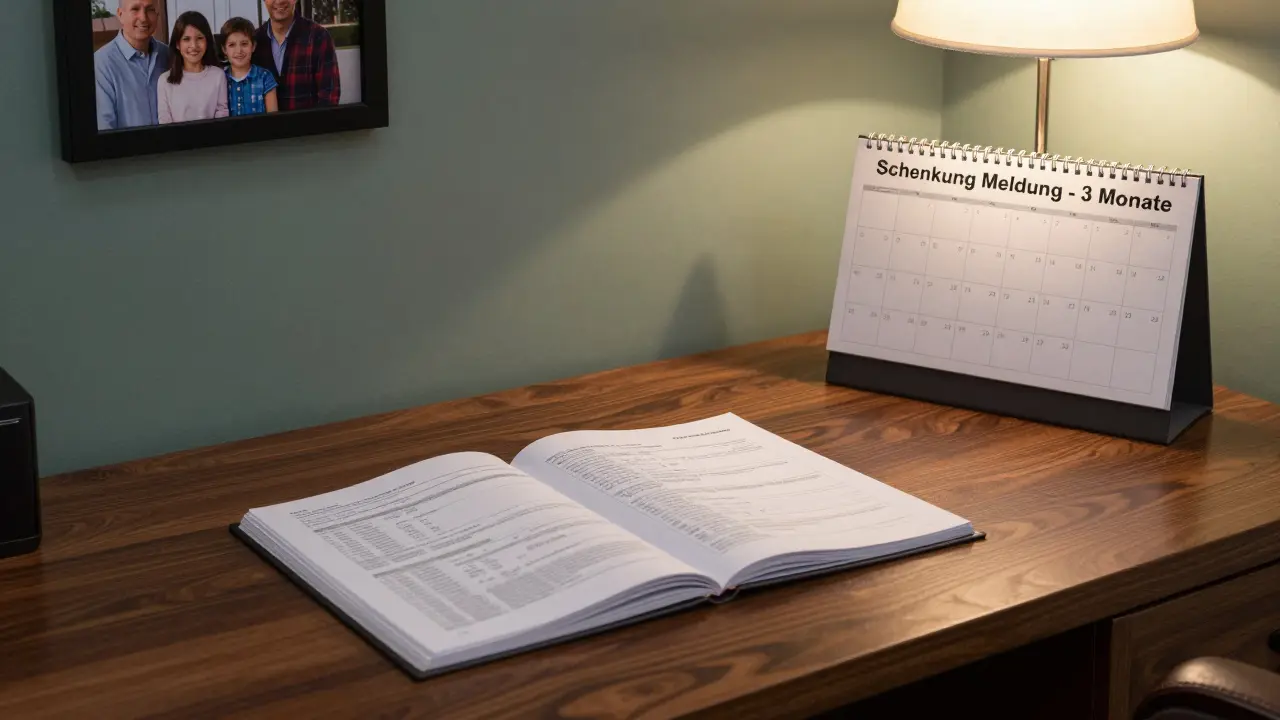 Steuerberater-Büro mit Akten, Kalender und Familienfoto bei Dämmerung