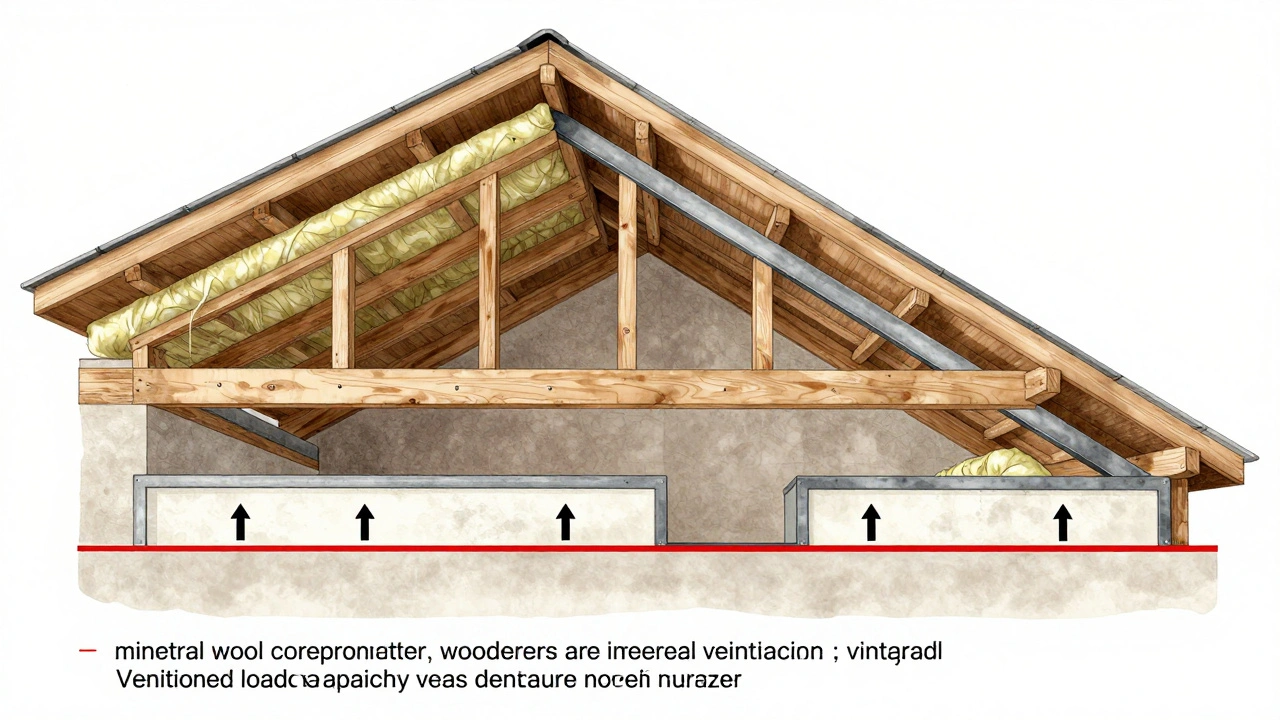 Technische Schnittansicht eines gedämmten Dachstuhls mit Verstärkung und Lüftungssystem.