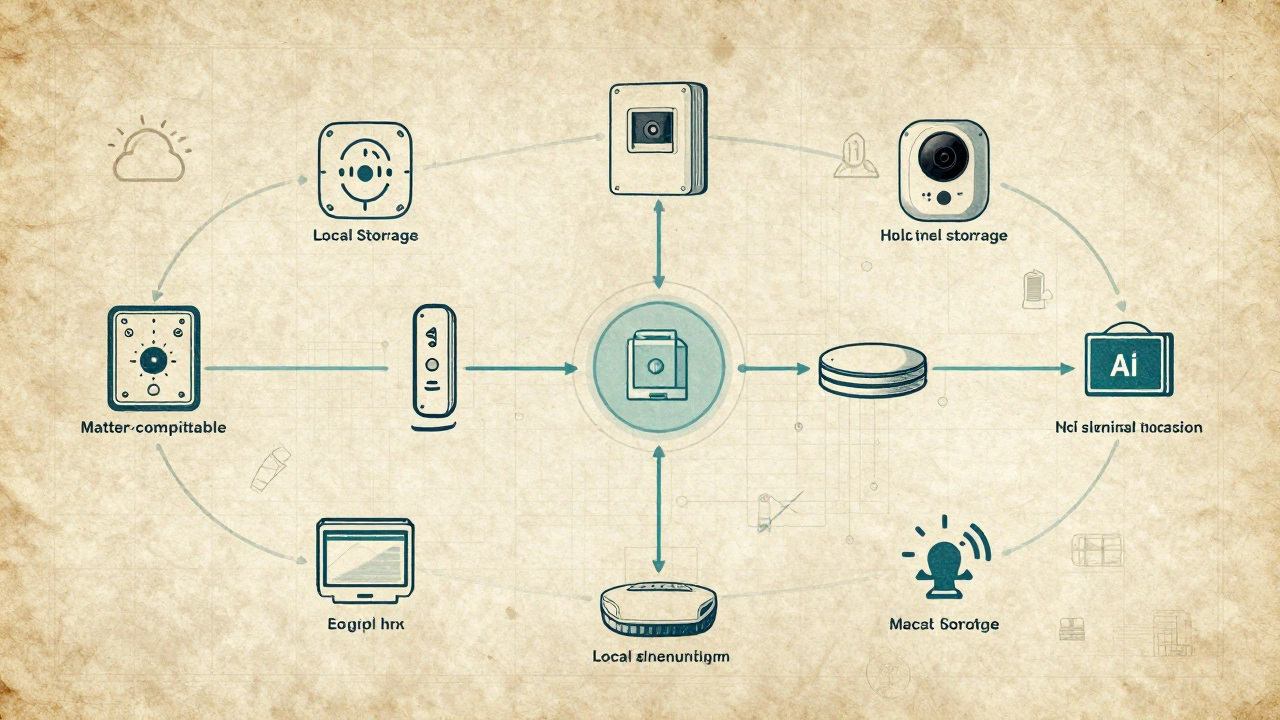 Technische Zeichnung eines vernetzten Smart Home Systems mit Matter-Standard und Lokalspeicher.