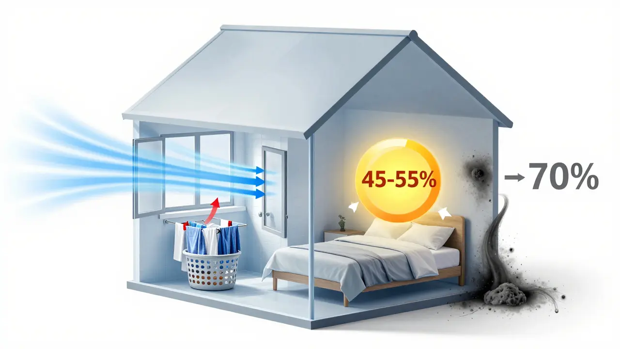 Transparentes Haus mit Luftströmen und Feuchtigkeitsbereichen, das optimale und gefährliche Luftfeuchtigkeit visuell vergleicht.