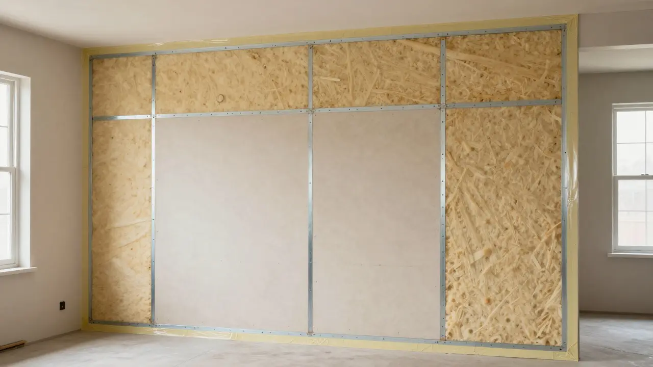 Trockenbau-Wand mit Steinwolle-Dämmung und dicht abgedichteten Anschlüssen