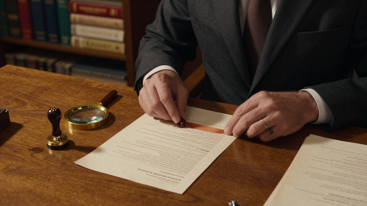 Vereidigter Übersetzer verbindet Original- und Übersetzungsdokument mit Wachsiegel und roter Schnur an einem Holzschreibtisch.