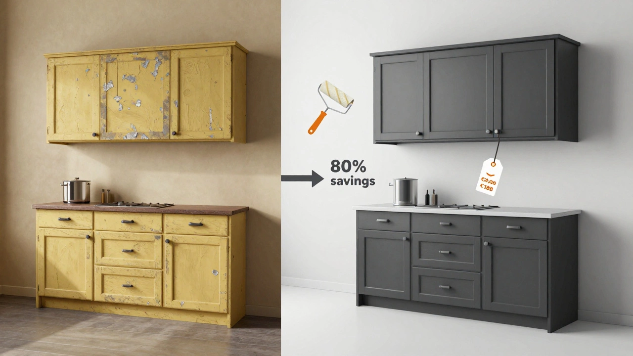 Vergleich: alte, abgenutzte Küchenschränke links, frisch gestrichene rechts mit Kostenersparnis-Visualisierung.