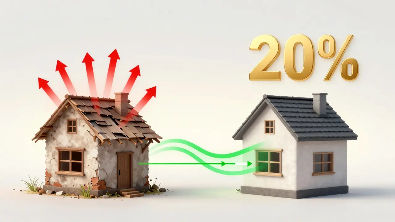 Vergleich eines alten und modernisierten Hauses mit Energieverlust und -einsparung, 20%-Zuschuss-Symbol darüber.