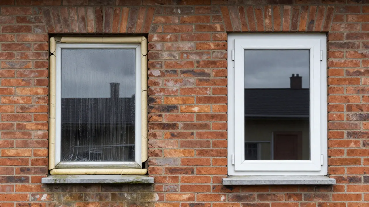 Vergleich: links schadhafter Montageschaum mit Feuchtigkeit und Schimmel, rechts einwandfreie Dichtbandmontage.